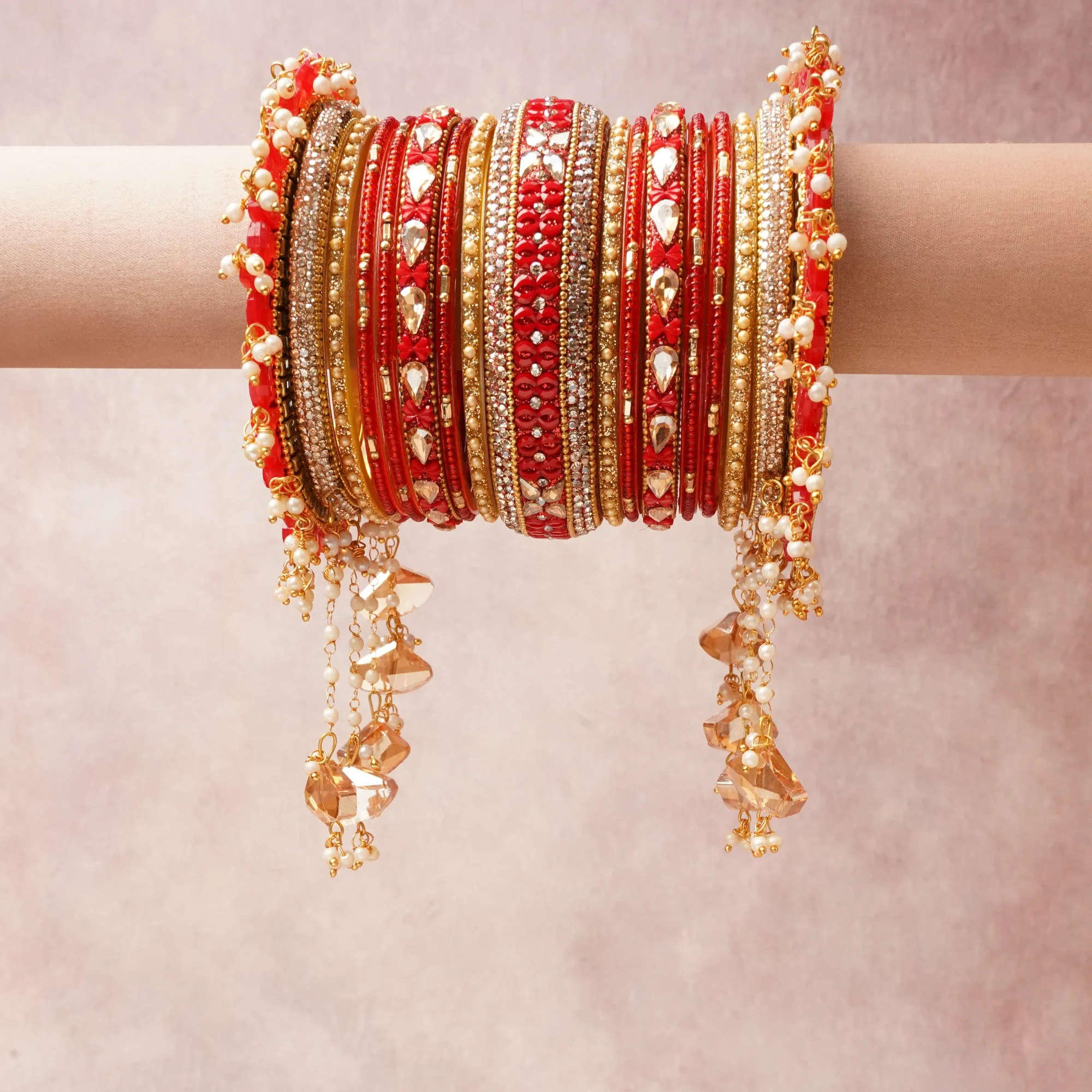 The Femminari Crown- Jewellery beyond luxury. A crown colour Deep Red set, complemented by Gold, Silver, Pearl White, Champagne, Dark Teal, featuring Lacquer, Gold-toned Alloy, Faceted Glass/Crystal, Faux Pearls, Textile Thread, Glass Beads. A treat for the eyes, hands and heart- absolutely unforgettable.