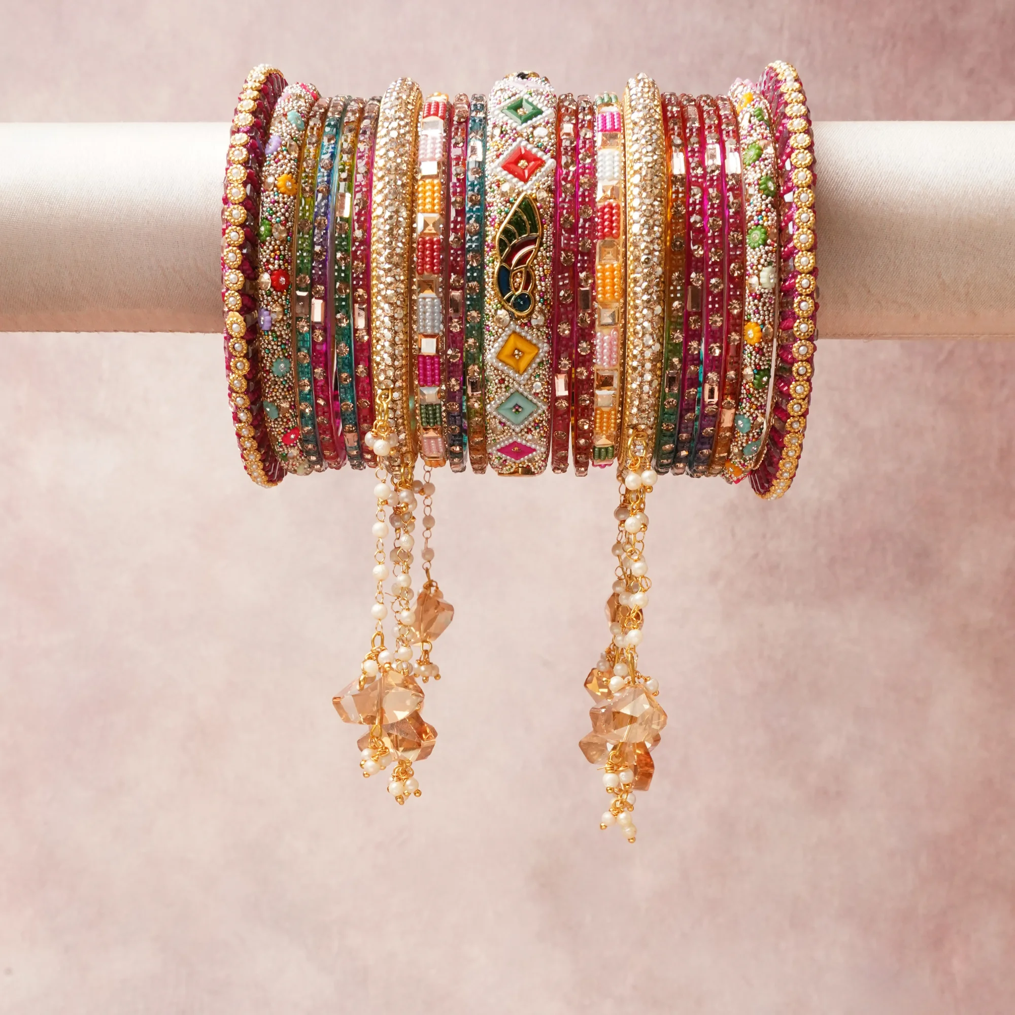 The Femminari Crown- Jewellery beyond luxury. A crown colour Gold set, complemented by Ruby Red, Emerald Green, Sapphire Blue, Fuchsia, Amber, Silver, Cream, Teal, featuring Glass, Gold-toned Metal, Rhinestones, Pearl Beads, Enamel, Faceted Crystal, Seed Beads. A treat for the eyes, hands and heart- absolutely unforgettable.