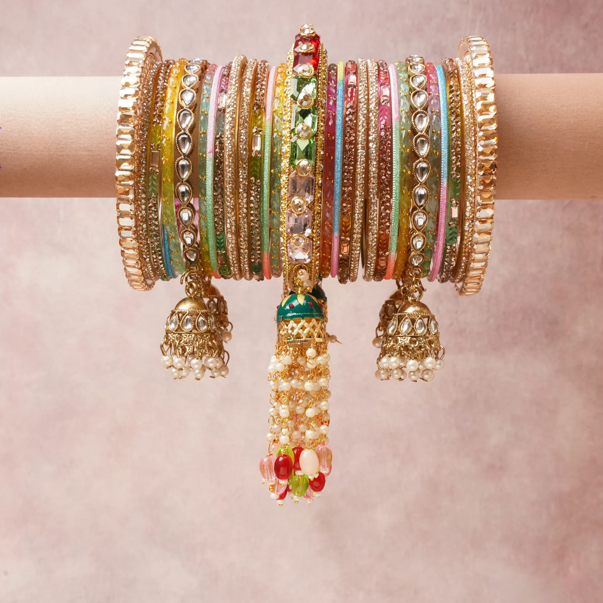 The Femminari Crown- Jewellery beyond luxury. A crown colour Antique Gold set, complemented by a. Multi Colour- Rose Gold, Emerald Green, Chartreuse Green, Coral Pink, Bubblegum Pink, Sky Blue, Amber Gold, Transparent Crystal, Ruby Red, featuring Gold-Toned Metal Alloy, Rose Gold-Toned Metal Alloy, Glass, Kundan-set Polki, Faceted Crystal, Cultured Pearl, Enamel, Silk Thread. A treat for the eyes, hands and heart- absolutely unforgettable.