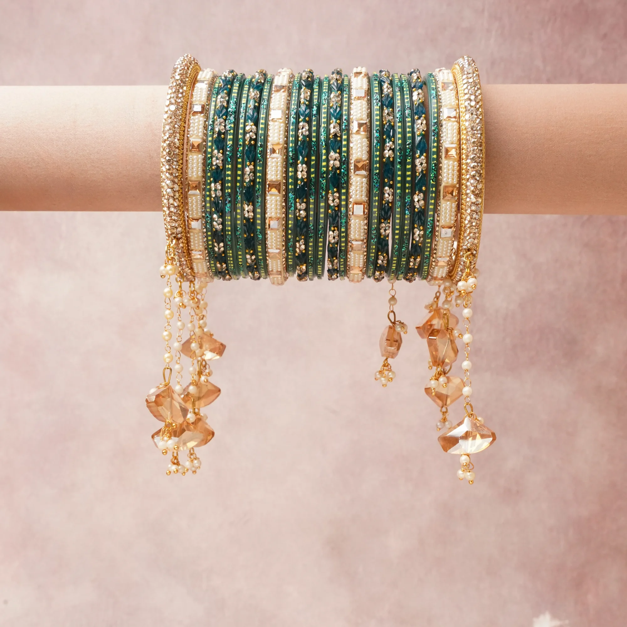 The Femminari Crown- Jewellery beyond luxury. A crown colour Emerald Green set, complemented by Clear, Amber, Pearl White, featuring Glass, Gold-toned Metal, Faux Pearl, Rhinestone, Acrylic, Glitter. A treat for the eyes, hands and heart- absolutely unforgettable.