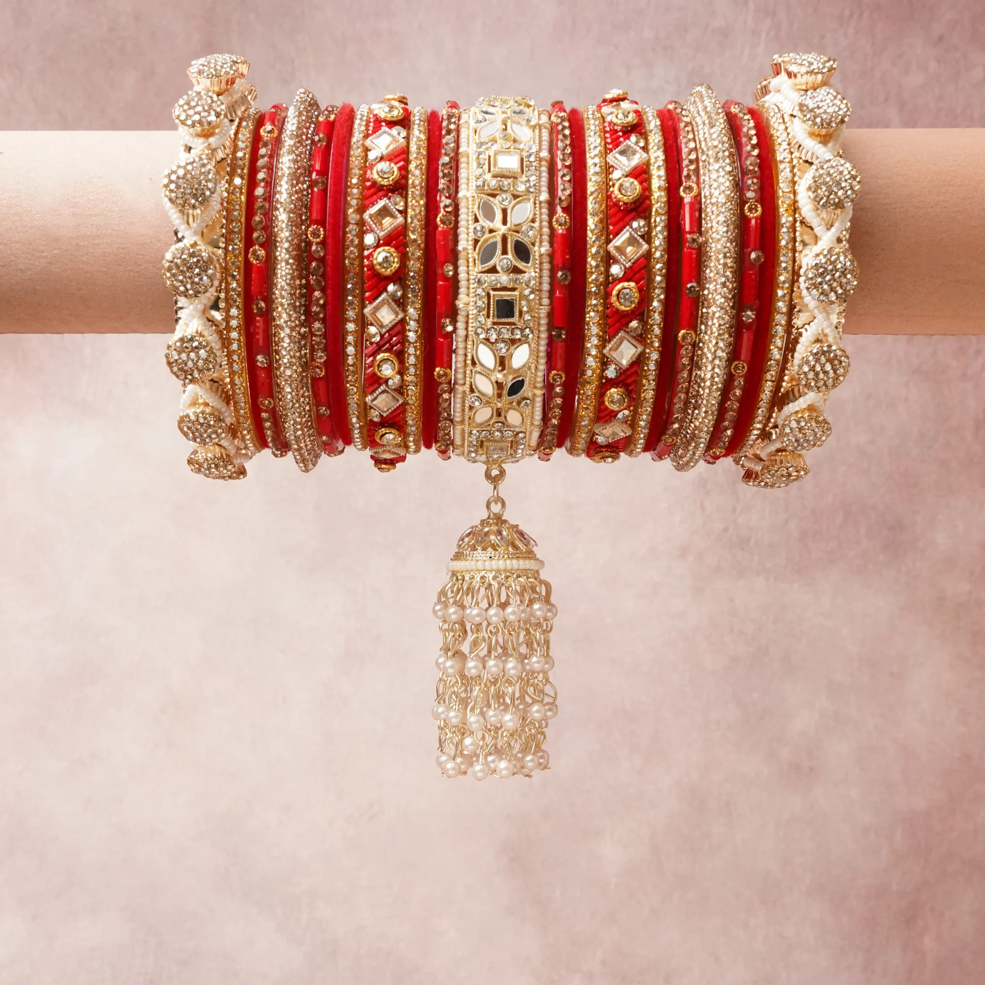 The Femminari Crown- Jewellery beyond luxury. A crown colour Crimson Red set, complemented by Brilliant Gold, Pearl White, Reflective Silver, Clear Crystal, featuring Lacquer, Gold-plated Metal, Faux Pearls, Glass Mirrors, Rhinestones, Seed Beads. A treat for the eyes, hands and heart- absolutely unforgettable.
