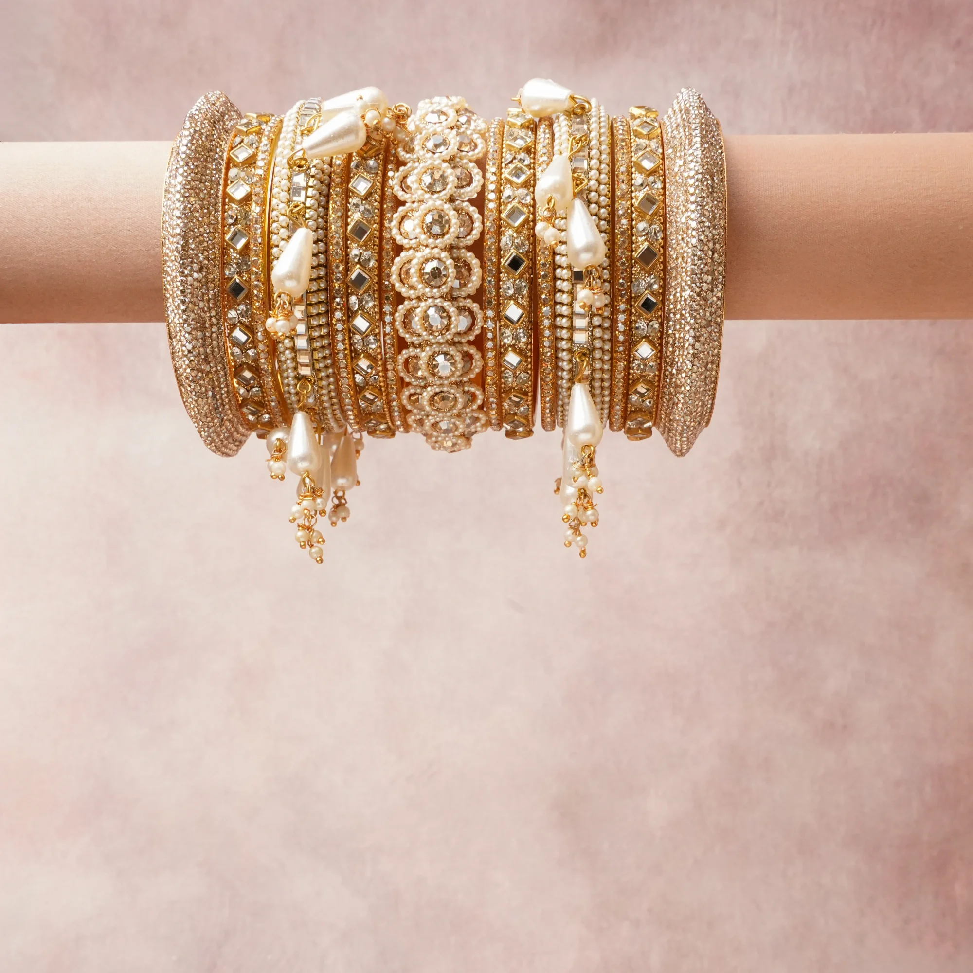 The Femminari Crown- Jewellery beyond luxury. A crown colour Antique Gold set, complemented by Cream, Brilliant White, Silver, featuring Gold-toned Metal, Pearls, Faceted Clear Crystals, Mirror Inlays, Textile Wrapping. A treat for the eyes, hands and heart- absolutely unforgettable.