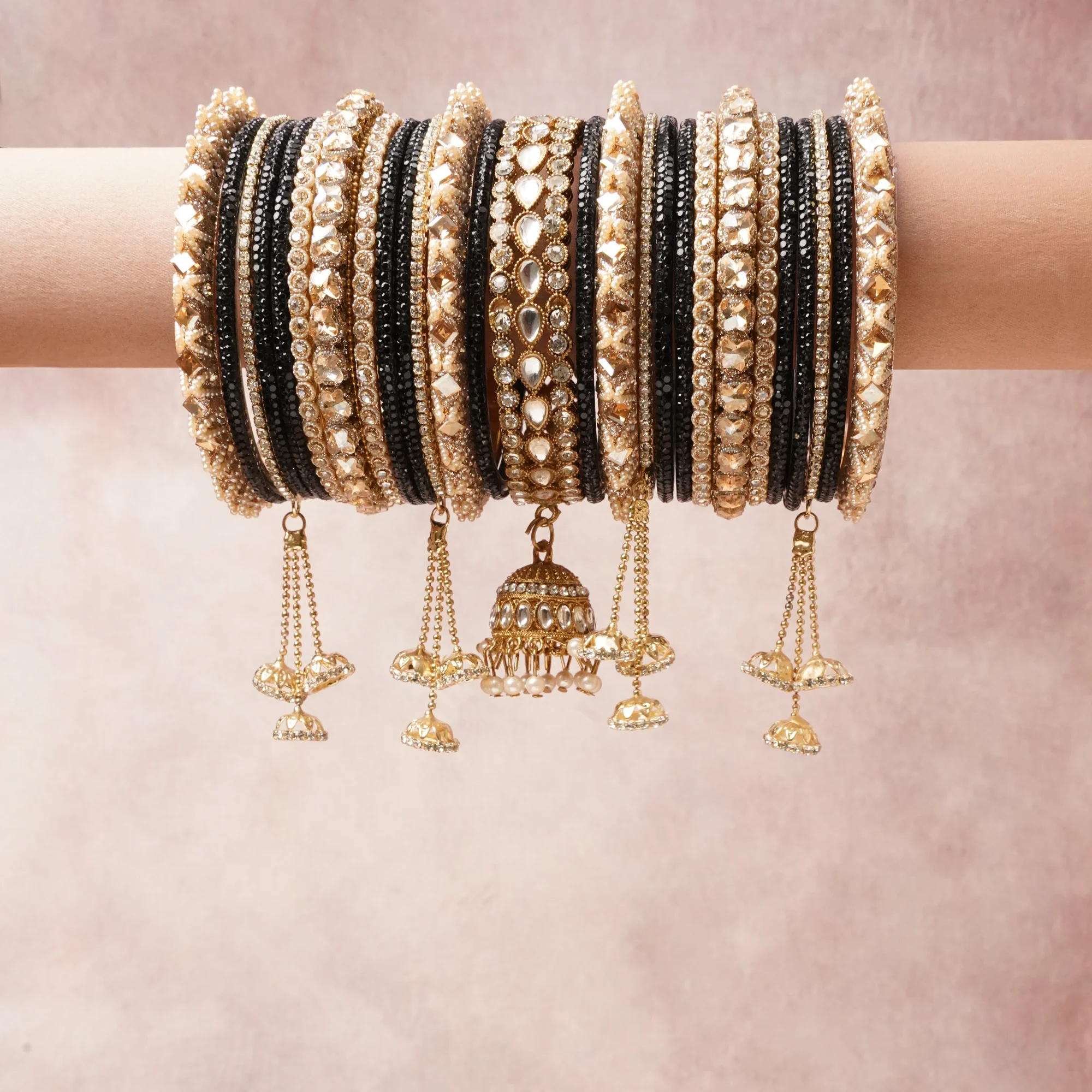 The Femminari Crown- Jewellery beyond luxury. A crown colour Black set, complemented by Clear, Cream Pearl, Bright Gold, featuring Metal Alloy, Glass, Faux Pearls, Crystals, Kundan Stones. A treat for the eyes, hands and heart- absolutely unforgettable.