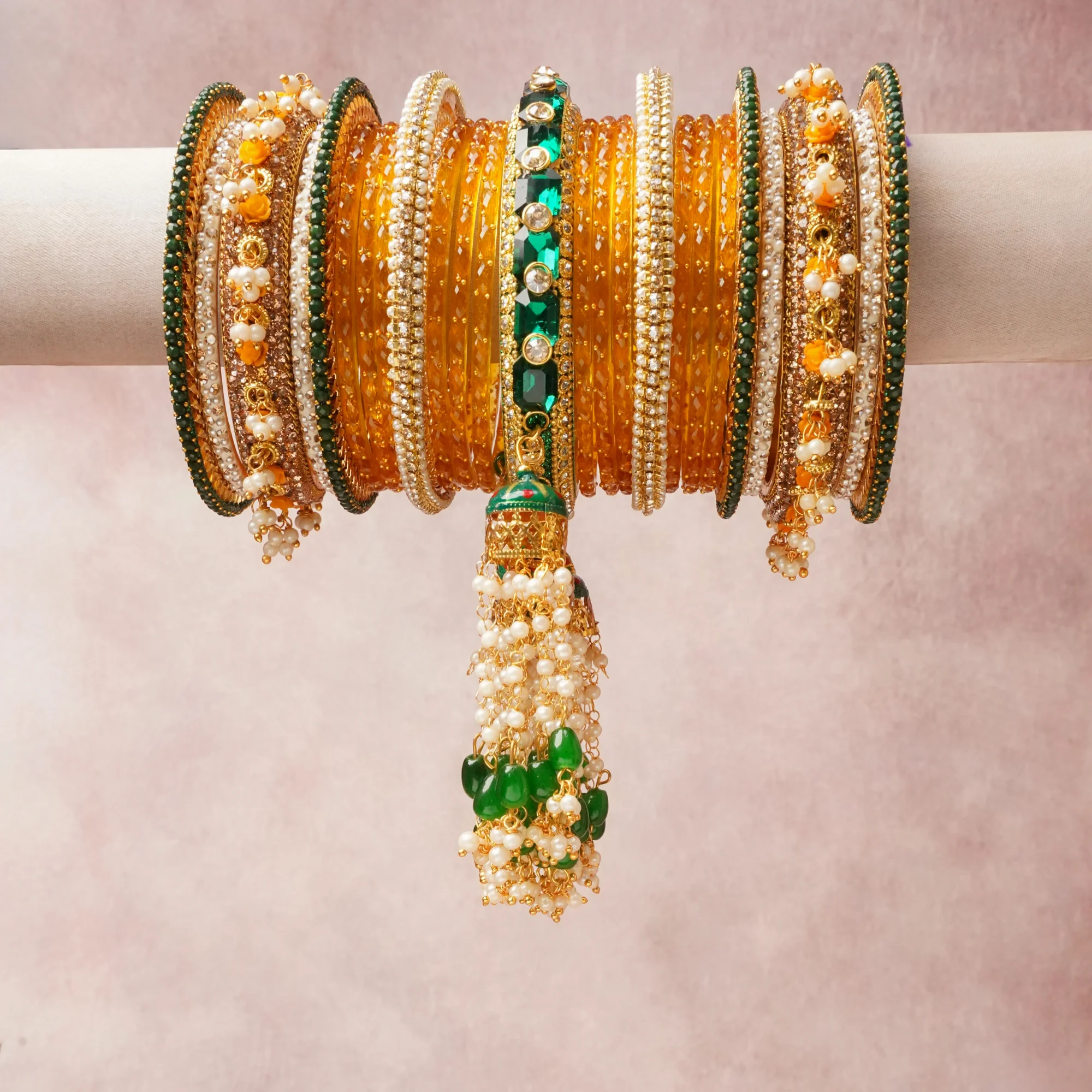 The Femminari Crown- Jewellery beyond luxury. A crown colour Amber Gold set, complemented by Cream, Clear, Tangerine, featuring Glass, Gold-plated Metal, Faux Pearls, Cubic Zirconia, Synthetic Emerald, Enamel, Resin. A treat for the eyes, hands and heart- absolutely unforgettable.