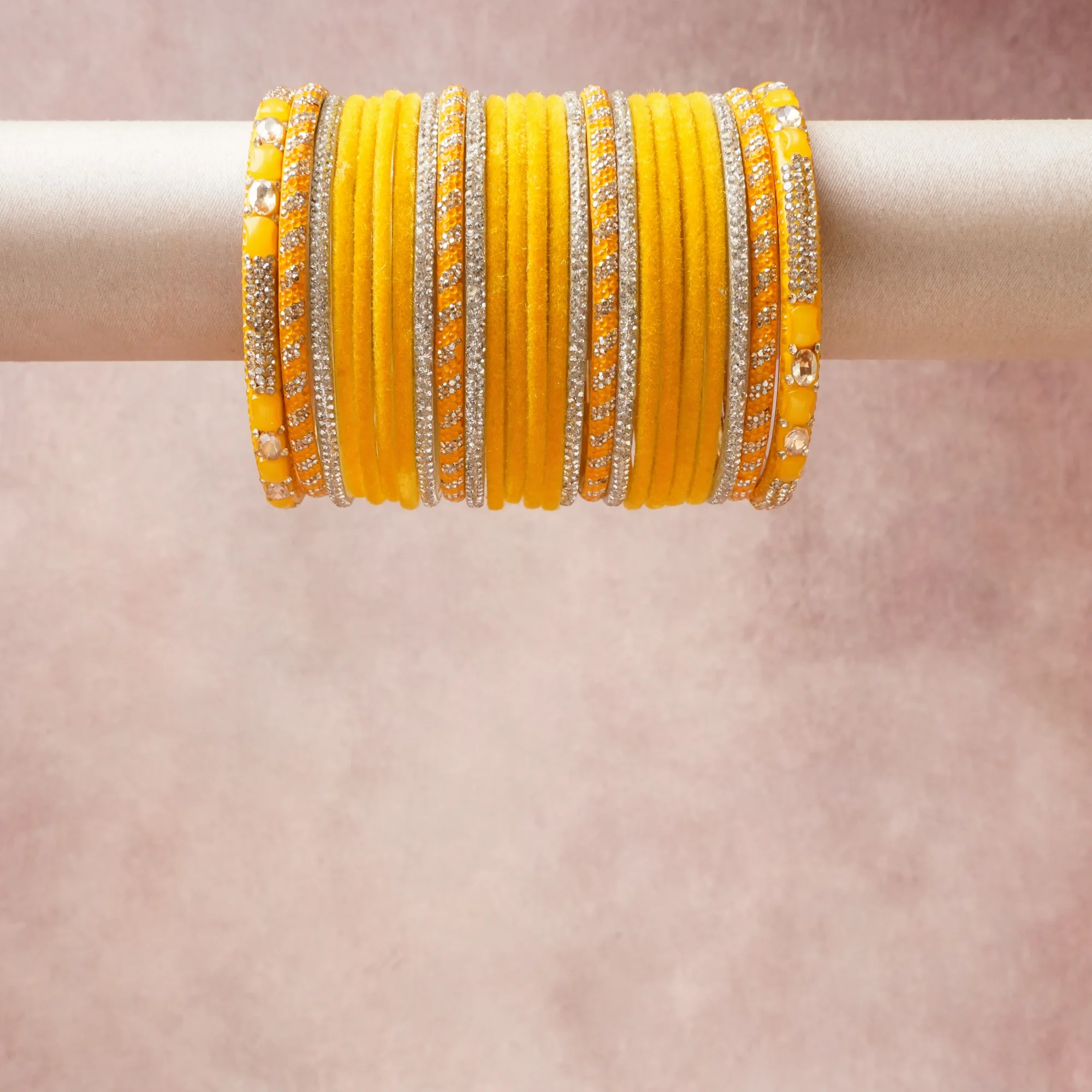 A grounding Goldenrod Yellow forms the heart of the set, while touches of  add charm.

A thoughtful composition of Glass, Velvet, Rhinestones, Silver-toned Metal, designed to feel complete without being heavy.
Each element layers seamlessly, creating a look that is refined, wearable and quietly striking.