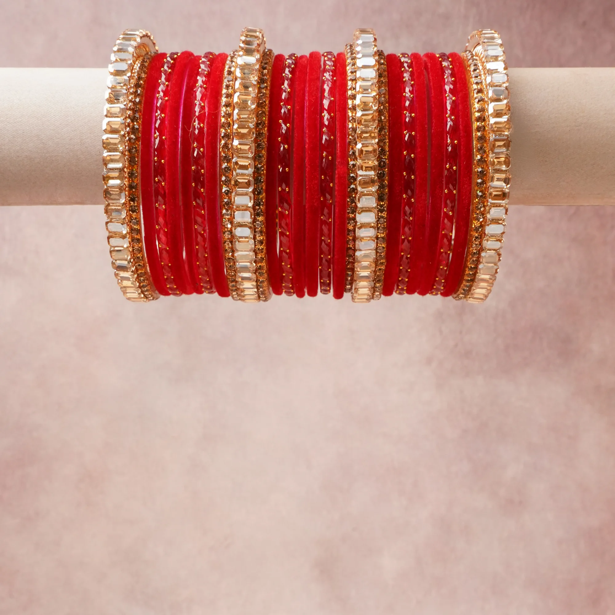 A grounding Crimson Red forms the heart of the set, while touches of  add charm.

A thoughtful composition of Velvet, Glass, Gold-Toned Alloy, Cubic Zirconia, Glass Rhinestone, designed to feel complete without being heavy.
Each element layers seamlessly, creating a look that is refined, wearable and quietly striking.