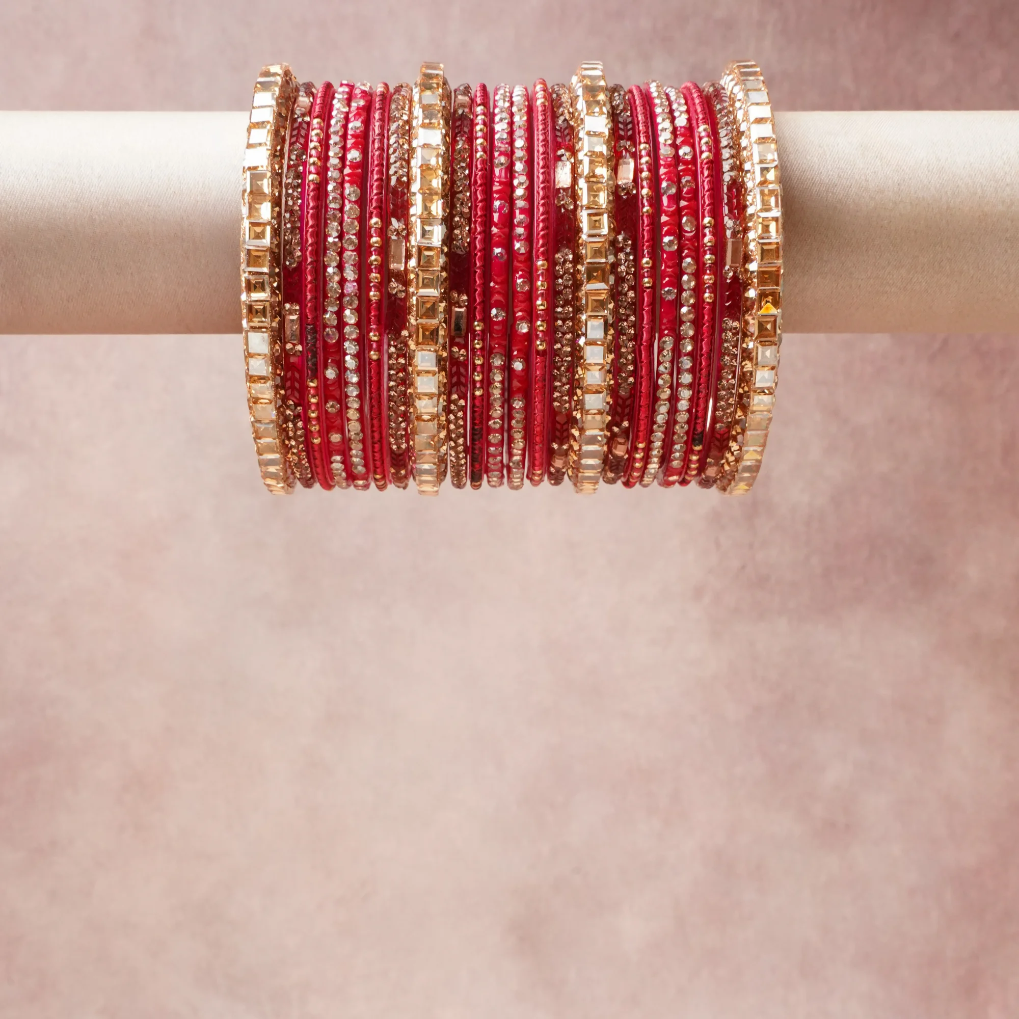 A grounding Crimson Red forms the heart of the set, while touches of Gold, Clear Crystal add charm.

A thoughtful composition of Glass, Silk Thread, Metal Alloy, Crystals, designed to feel complete without being heavy.
Each element layers seamlessly, creating a look that is refined, wearable and quietly striking.