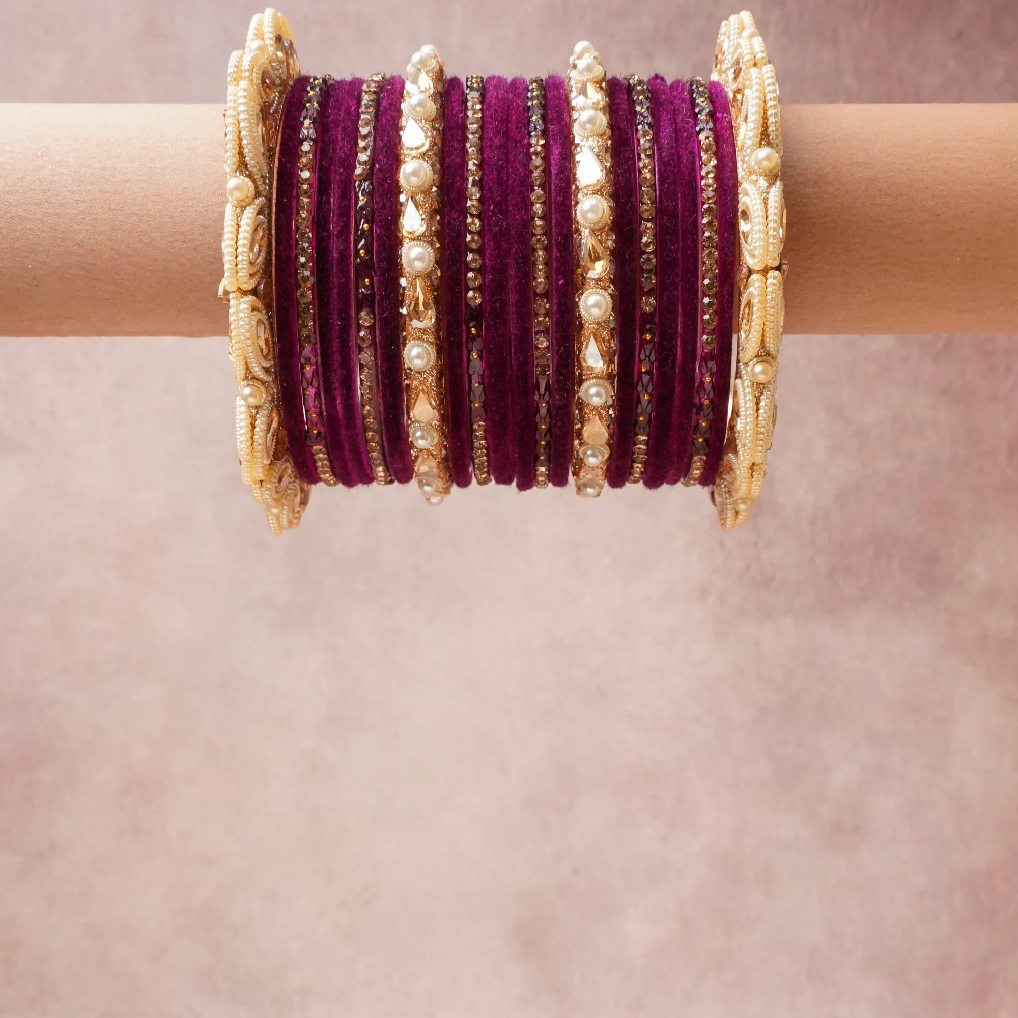 A grounding Deep Plum forms the heart of the set, while touches of Champagne, Ivory, Clear Crystal, Pearl White add charm.

A thoughtful composition of Velvet, Gold-toned metal, Faux pearls, Faceted crystals, Seed beads, designed to feel complete without being heavy.
Each element layers seamlessly, creating a look that is refined, wearable and quietly striking.