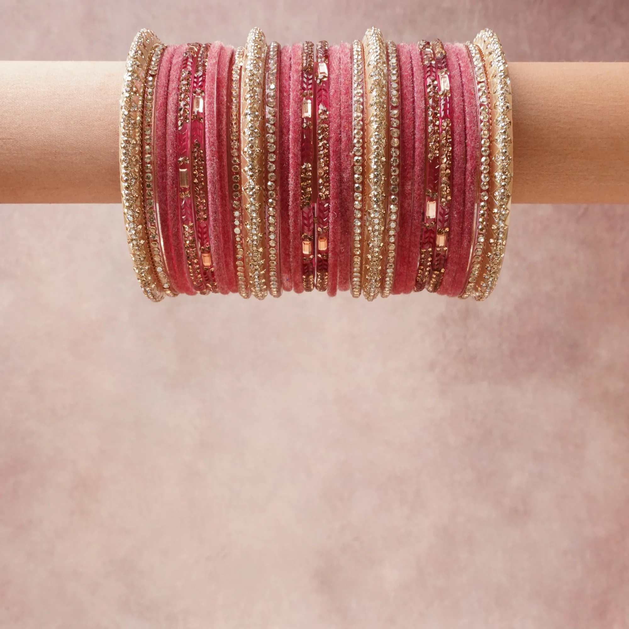 A grounding Berry Red forms the heart of the set, while touches of  add charm.

A thoughtful composition of Gold-toned Metal, Velvet Fabric, Rhinestones, Glass, Seed Beads, designed to feel complete without being heavy.
Each element layers seamlessly, creating a look that is refined, wearable and quietly striking.