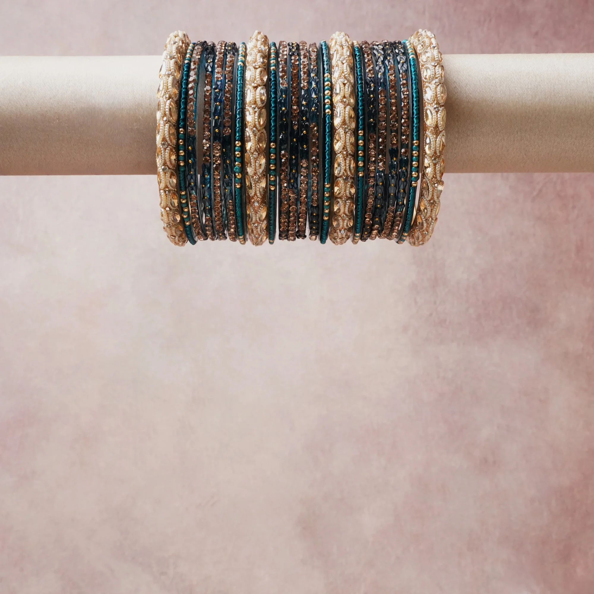 A grounding gold forms the heart of the set, while touches of teal, black, champagne add charm.

A thoughtful composition of rhinestone bangle bracelet, designed to feel complete without being heavy.
Each element layers seamlessly, creating a look that is refined, wearable and quietly striking.