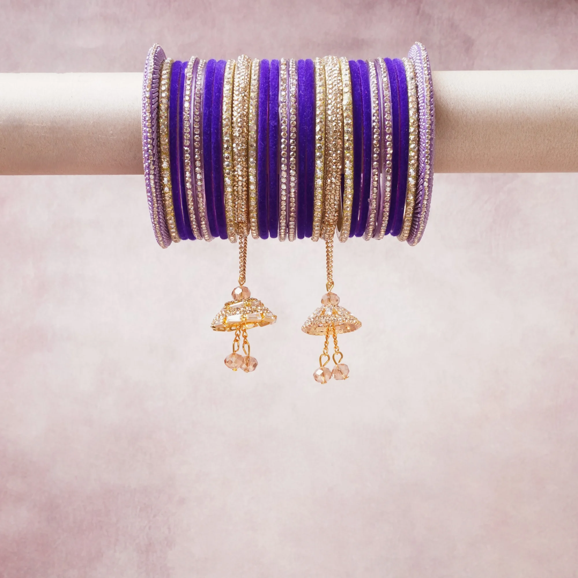 A majestic purple set, complemented by gold, lavender, crystal featuring glass bangles, rhinestone, gold-toned metal.
Rich, ceremonial, and designed to be passed through generations.