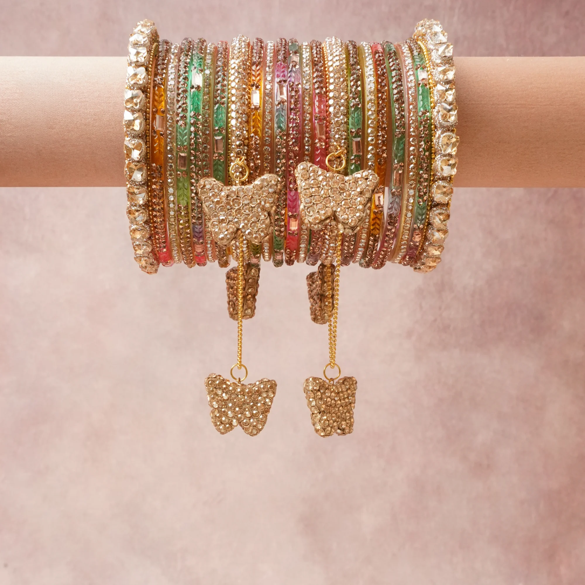A commanding Champagne Gold anchors this beautiful set, enriched with accents of Clear White, Emerald Green, Ruby Red, Amethyst Purple, Rose Pink, Topaz Orange that add depth and dimension.

Featuring a striking composition of Gold-toned Metal Alloy, Glass, Rhinestones, this set carries intricate craftsmanship and strong presence. Grand in form, it is created for moments that deserve to be marked.
