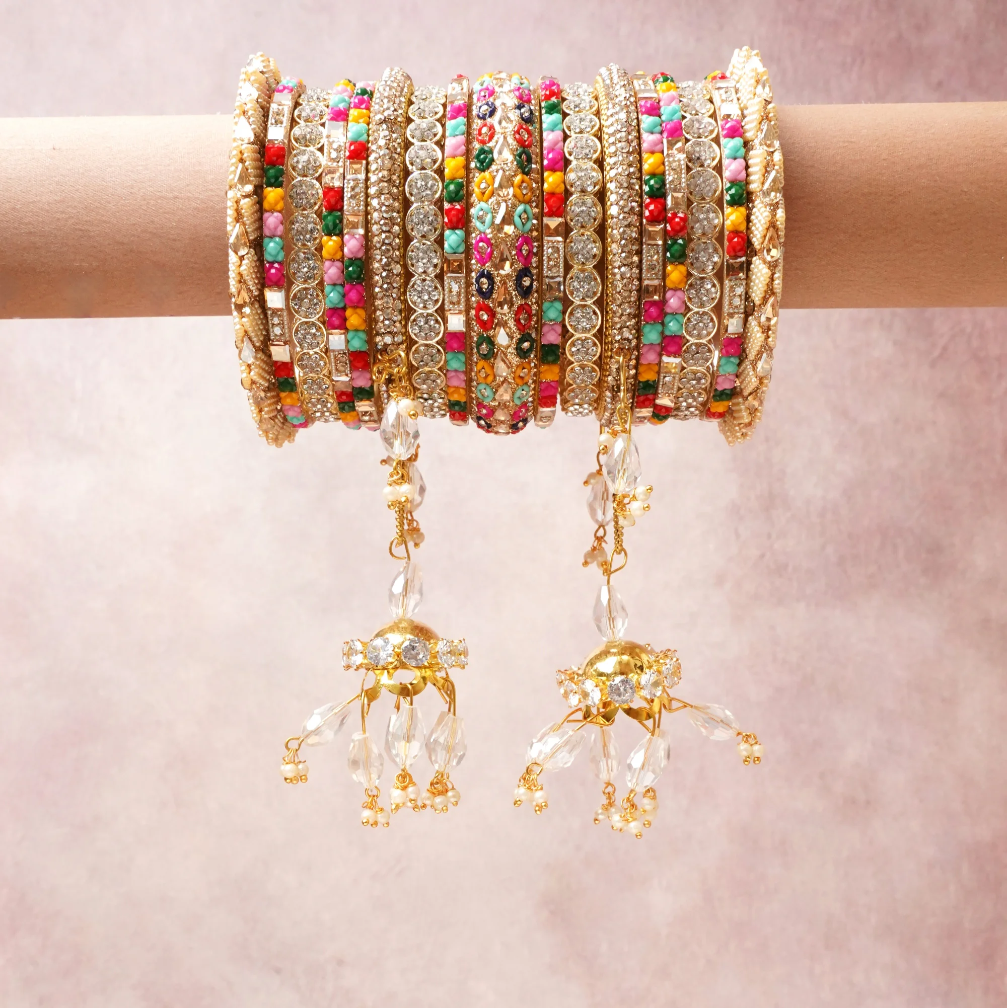 A commanding Gold anchors this beautiful set, enriched with accents of  that add depth and dimension.

Featuring a striking composition of Gold-toned metal, rhinestones, glass beads, crystal drops, this set carries intricate craftsmanship and strong presence. Grand in form, it is created for moments that deserve to be marked.
