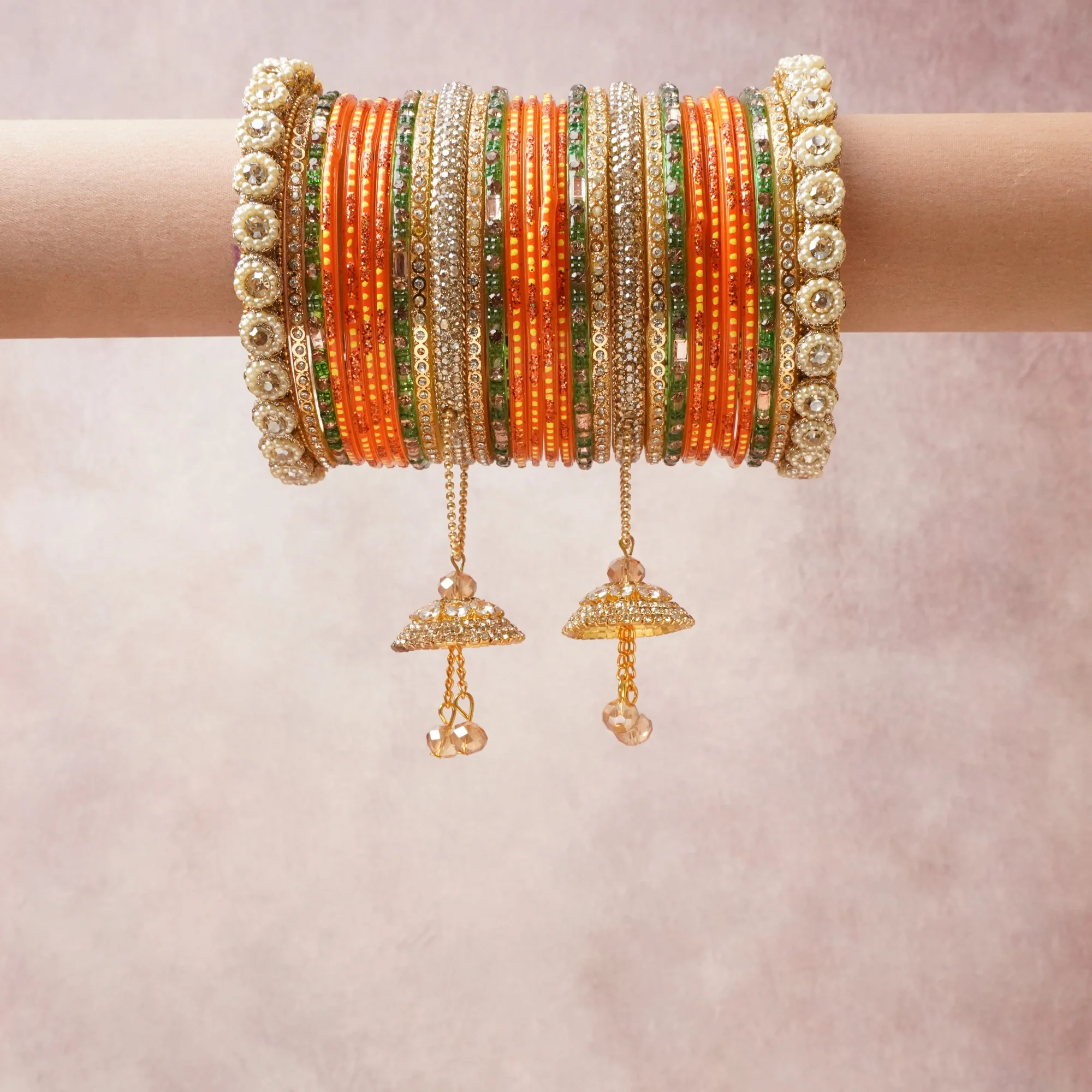 A commanding Orange anchors this beautiful set, enriched with accents of Green, Gold, pink that add depth and dimension.

Featuring a striking composition of glass, rhinestone, metal, this set carries intricate craftsmanship and strong presence. Grand in form, it is created for moments that deserve to be marked.