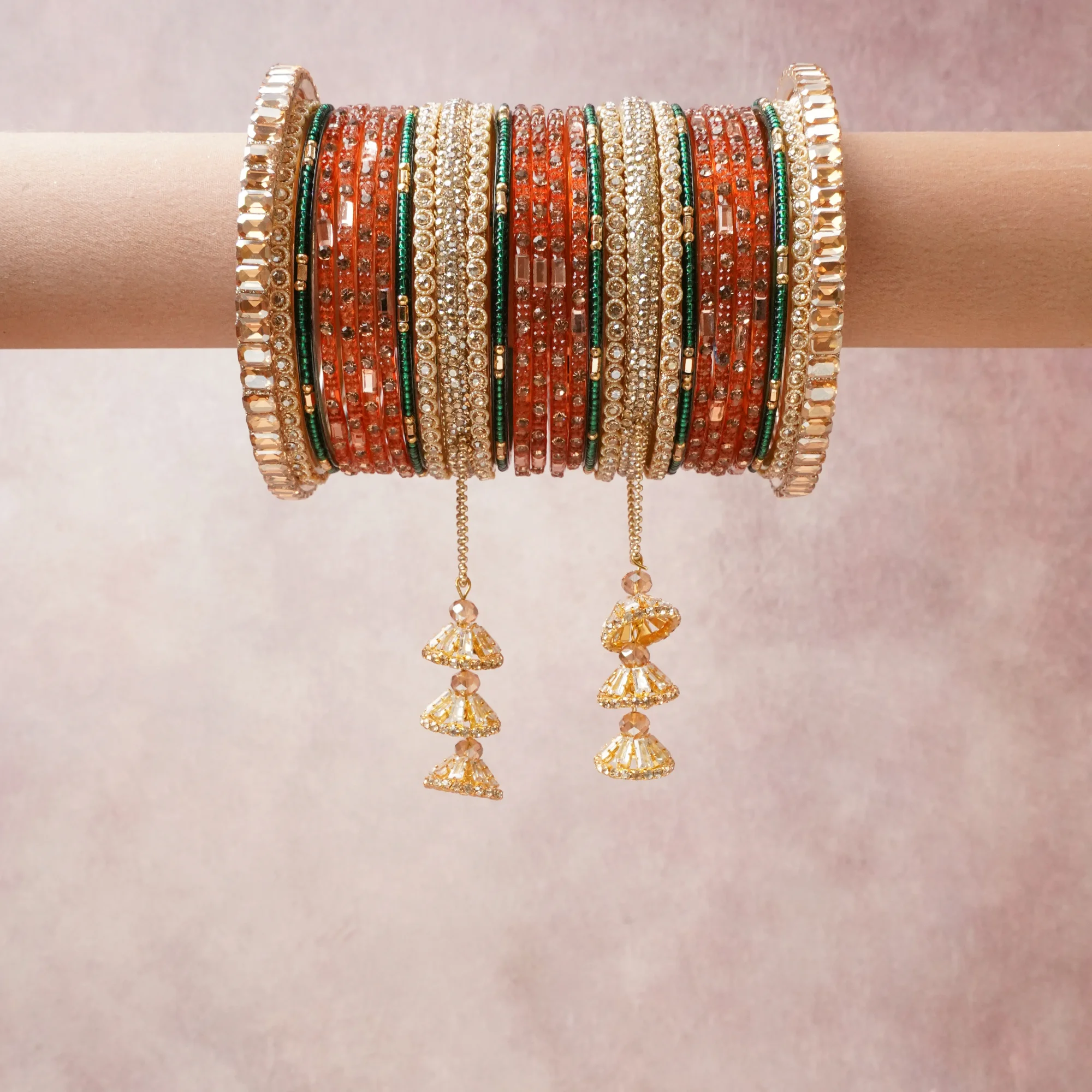A commanding Orange anchors this beautiful set, enriched with accents of Green, Gold that add depth and dimension.

Featuring a striking composition of gold-tone metal, crystal, rhinestone, this set carries intricate craftsmanship and strong presence. Grand in form, it is created for moments that deserve to be marked.
