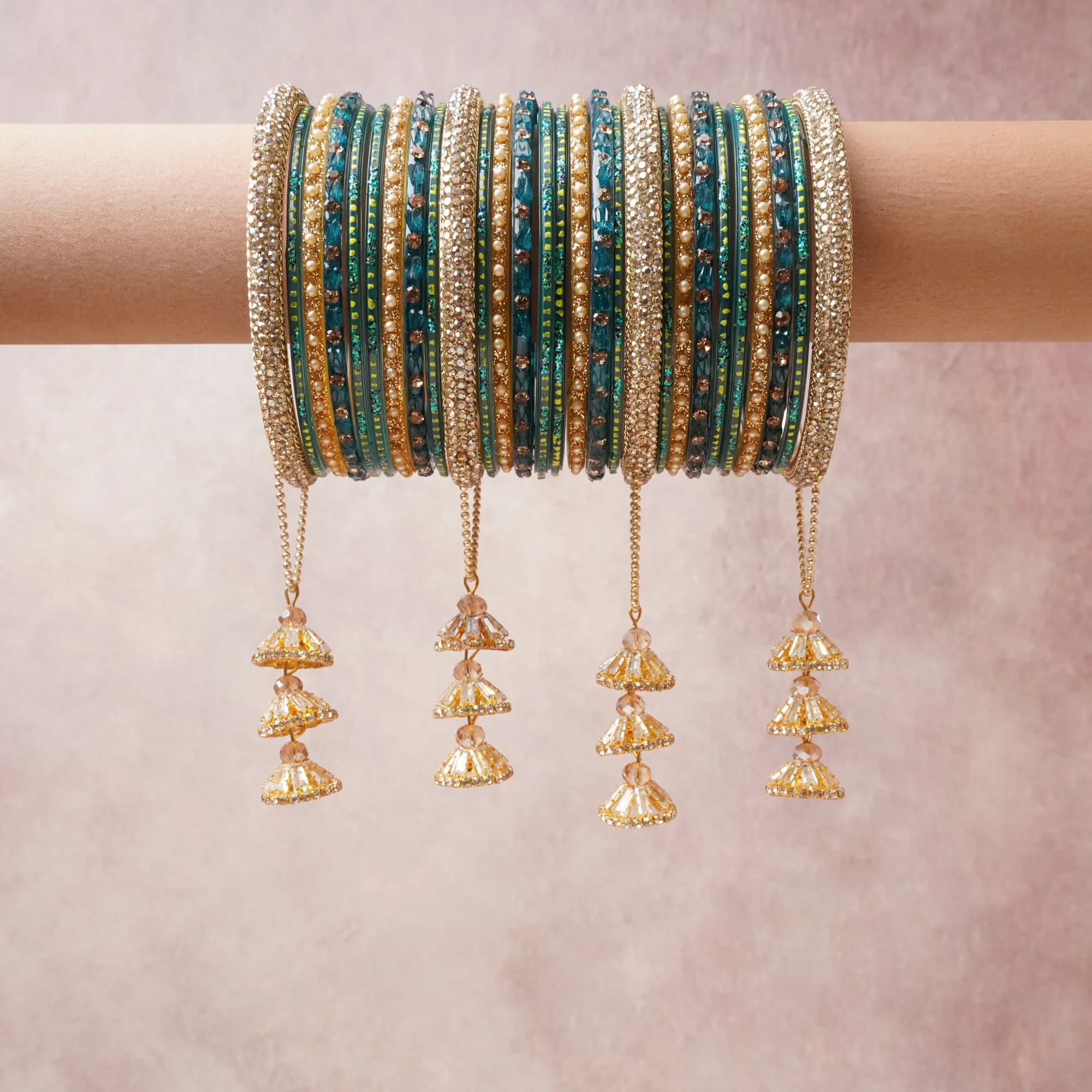 A commanding Dark Teal anchors this beautiful set, enriched with accents of Ivory, Golden that add depth and dimension.

Featuring a striking composition of crystal, gold-tone metal, enamel, this set carries intricate craftsmanship and strong presence. Grand in form, it is created for moments that deserve to be marked.