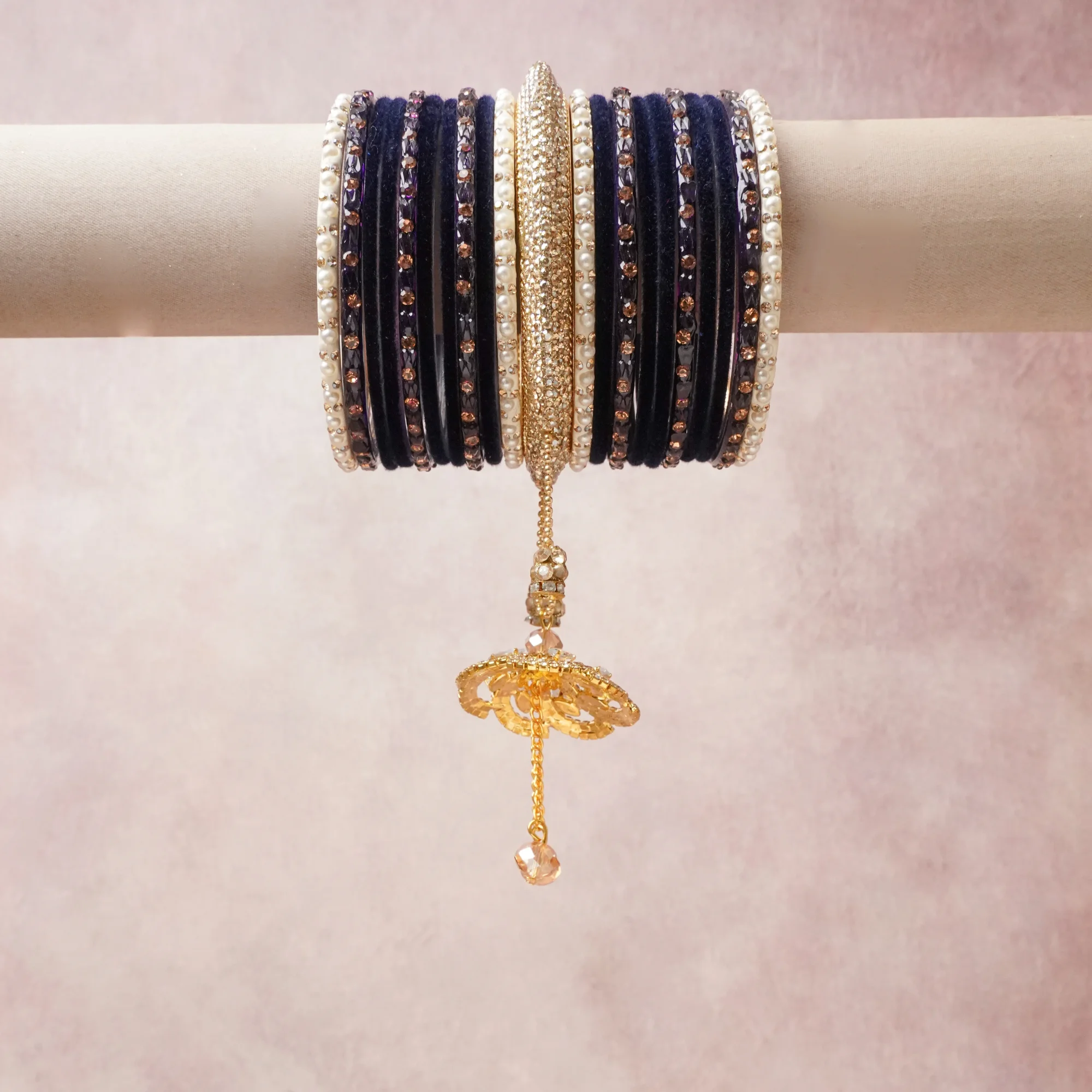 A commanding deep blue anchors this beautiful set, enriched with accents of Gold, Ivory that add depth and dimension.

Featuring a striking composition of velvet, faux pearls, rhinestones, this set carries intricate craftsmanship and strong presence. Grand in form, it is created for moments that deserve to be marked.