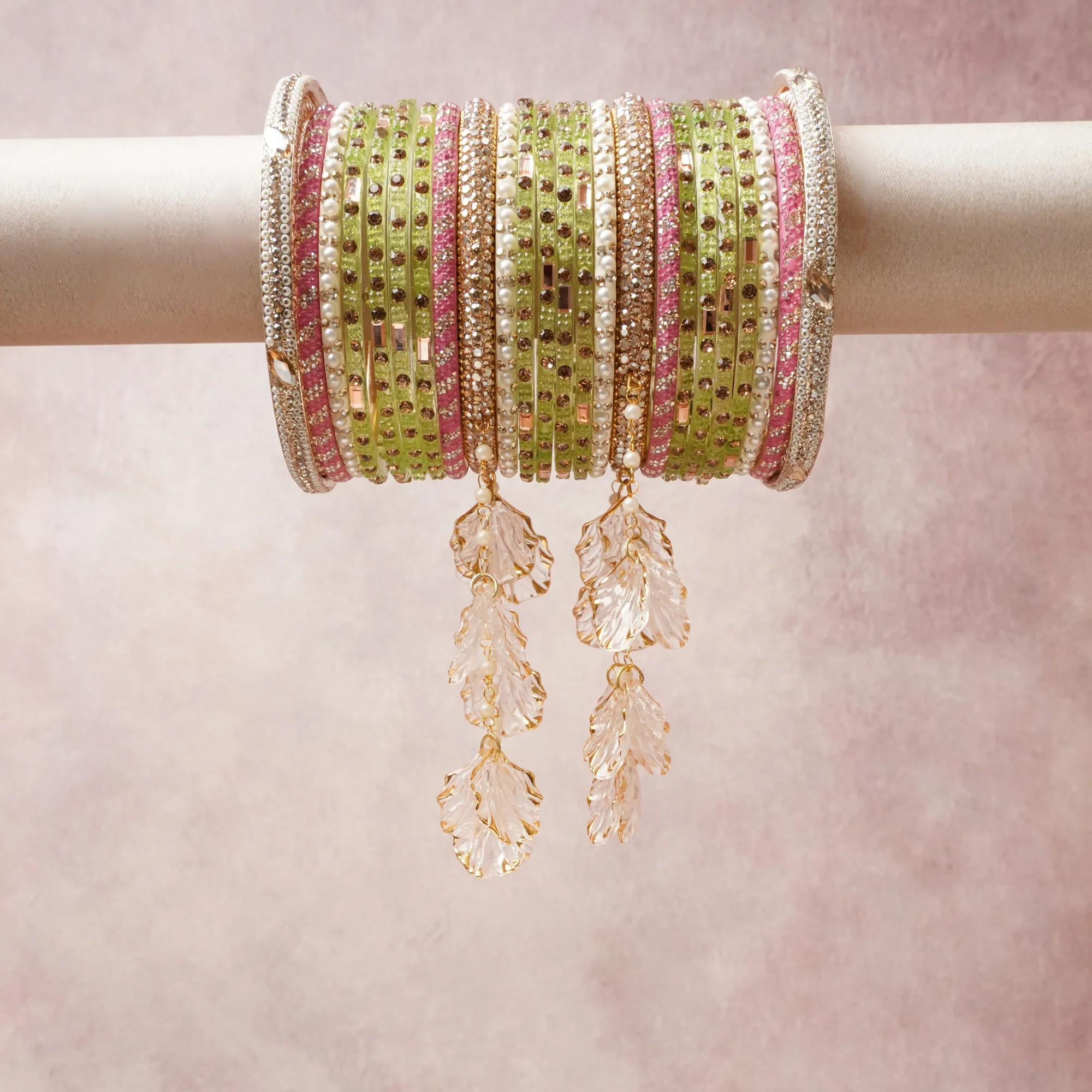 A commanding Lime Green anchors this beautiful set, enriched with accents of pink, Gold that add depth and dimension.

Featuring a striking composition of crystal, rhinestone, pearl, gold-toned metal, this set carries intricate craftsmanship and strong presence. Grand in form, it is created for moments that deserve to be marked.