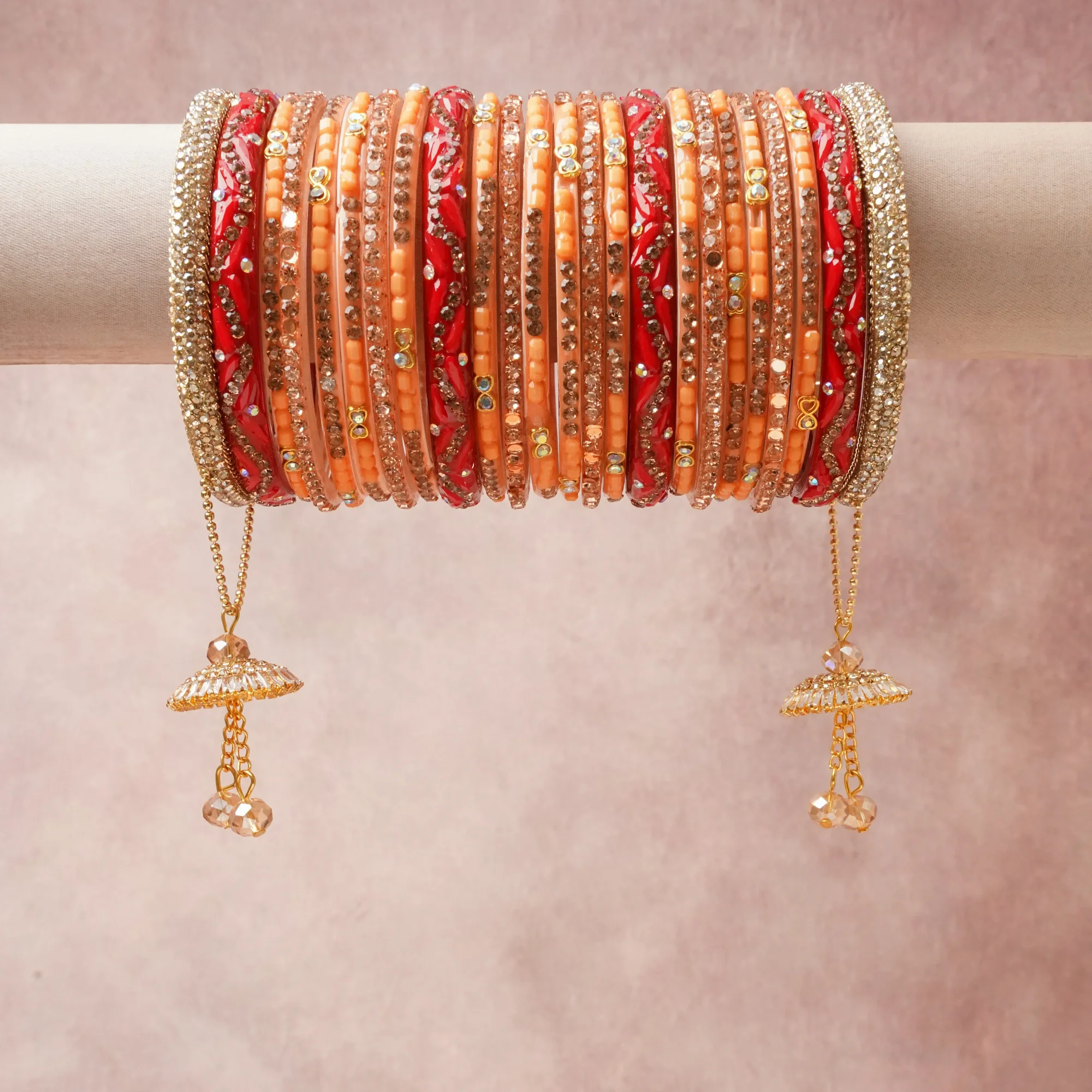 A commanding Peach anchors this beautiful set, enriched with accents of Clear Crystal, Gold, Red that add depth and dimension.

Featuring a striking composition of glass beads, rhinestone, gold-tone metal, this set carries intricate craftsmanship and strong presence. Grand in form, it is created for moments that deserve to be marked.