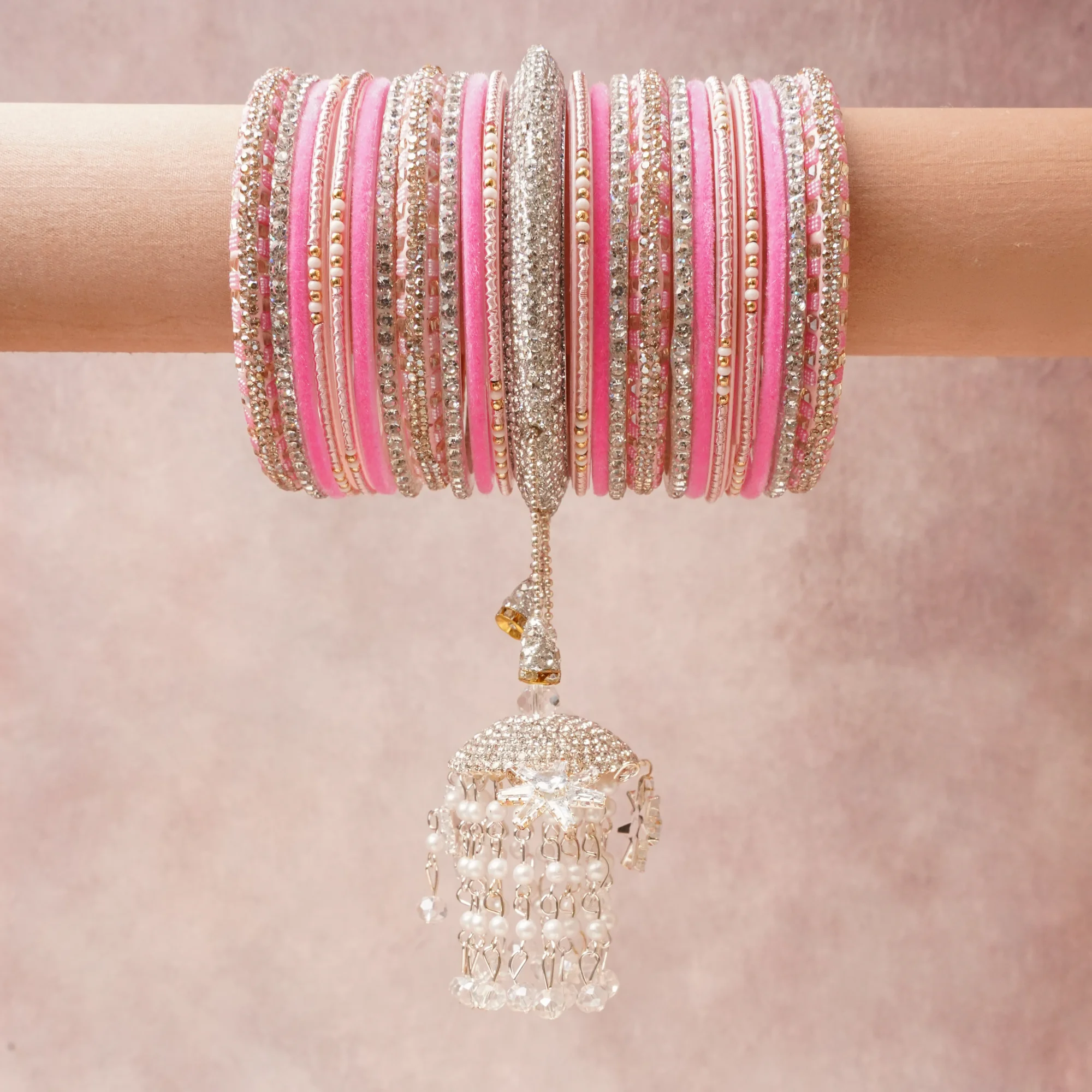 A commanding Blush Pink anchors this beautiful set, enriched with accents of Silver, Ivory that add depth and dimension.

Featuring a striking composition of rhinestone, pearl, metal, this set carries intricate craftsmanship and strong presence. Grand in form, it is created for moments that deserve to be marked.