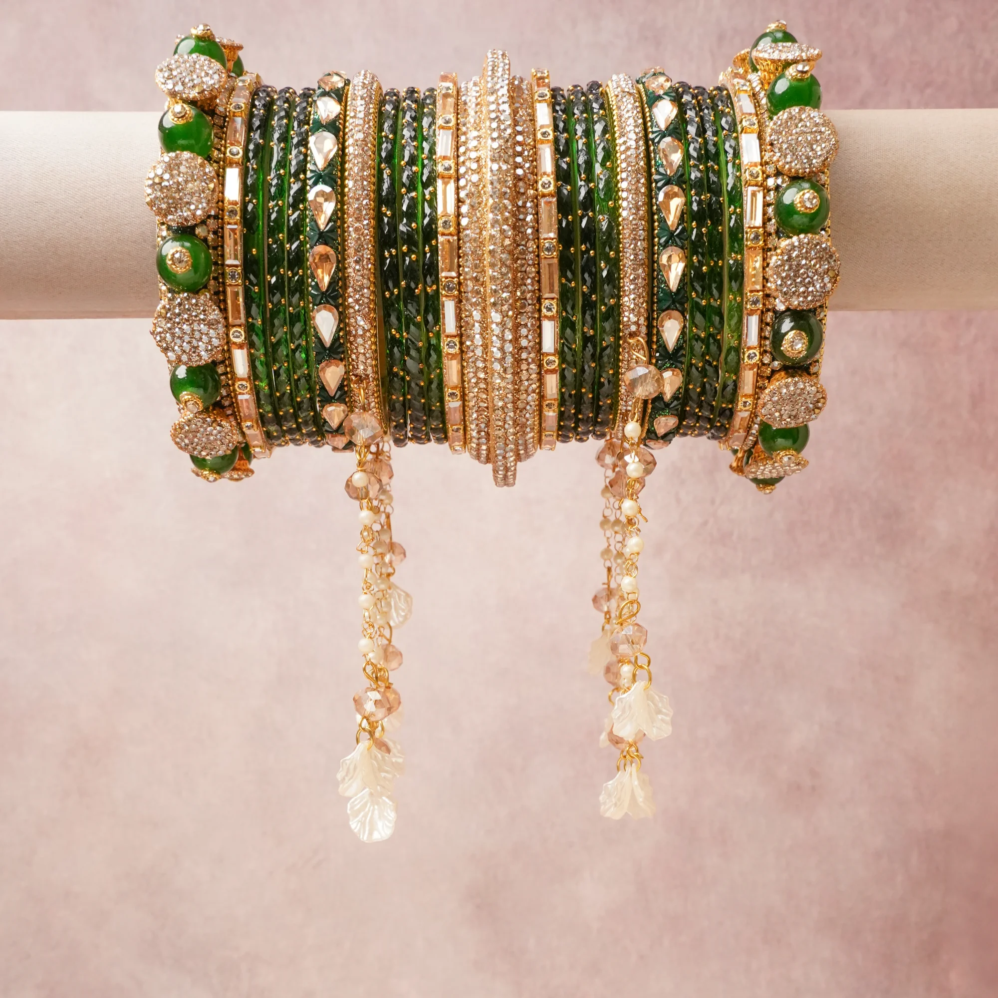 A commanding Emerald Green anchors this beautiful set, enriched with accents of Gold, Champagne, Ivory that add depth and dimension.

Featuring a striking composition of Glass, Rhinestones, Metal, this set carries intricate craftsmanship and strong presence. Grand in form, it is created for moments that deserve to be marked.